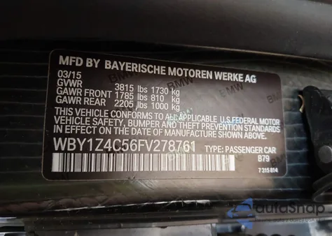 2015 BMW I3 Base W/Range Extender z USA, uszkodzony, nr VIN WBY1Z4C56FV278761